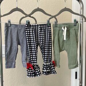 Cooler Weather Baby Girl Pants Bundle - navy Plaid, navy stripes, & olive gauze